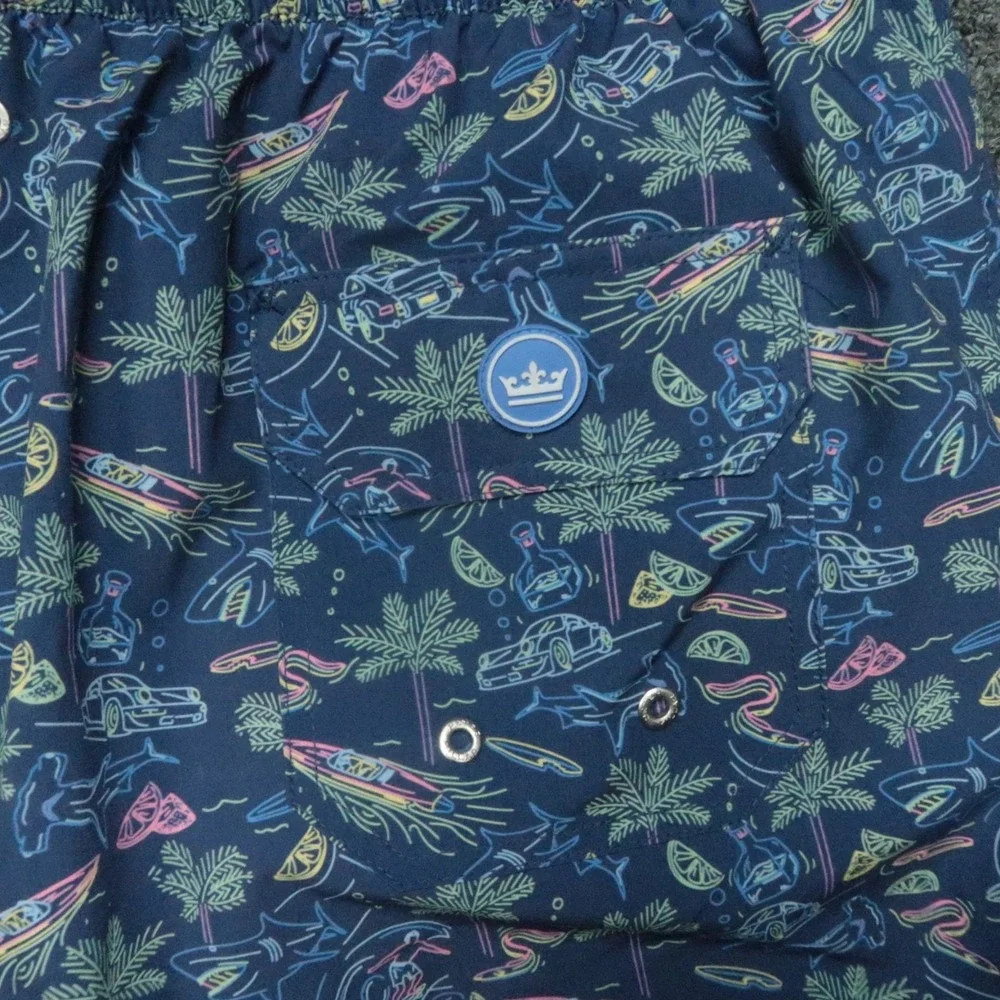Peter Millar Swim Trunks Mens Extra Large Blue Vintage Neon Print Lined‎ Seaside